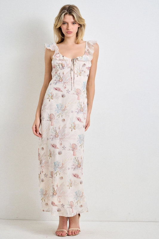Coral Reef Ruffle Detail Maxi Dress