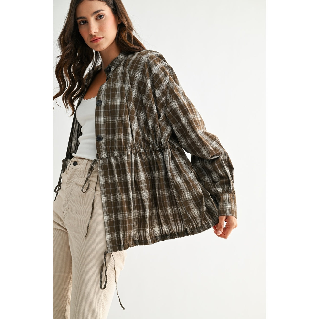 Olive Plaid Drawstring-Waist Jacket