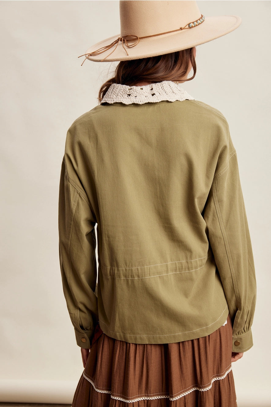 Olive Crochet Collar Utility Jacket