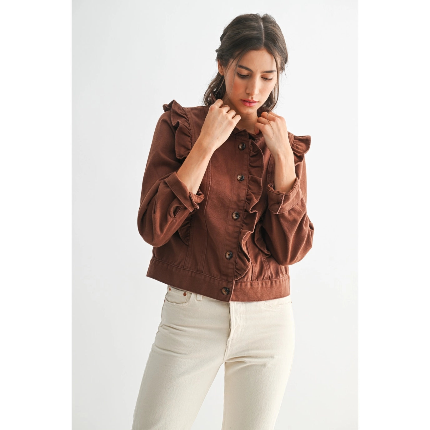 Brown Ruffled Button-Up Denim Jacket
