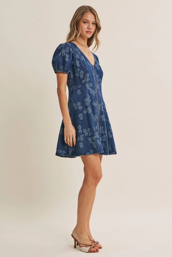 Mineral-Washed Floral Denim Fit and Flare Mini