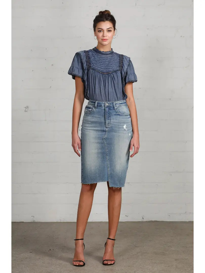 Insane Gene High Rise Stretch Raw Hem Knee Length Denim Skirt