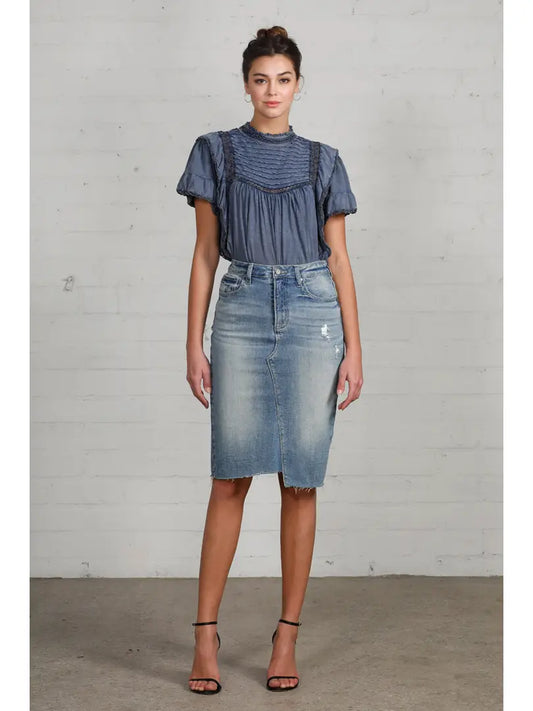 Insane Gene High Rise Stretch Raw Hem Knee Length Denim Skirt