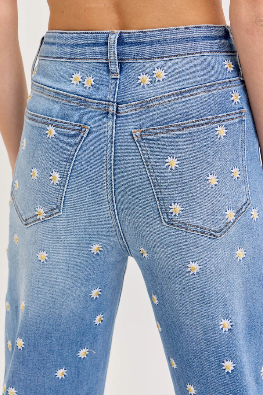 Daisy Embroidered High Rise Wide Leg Jeans