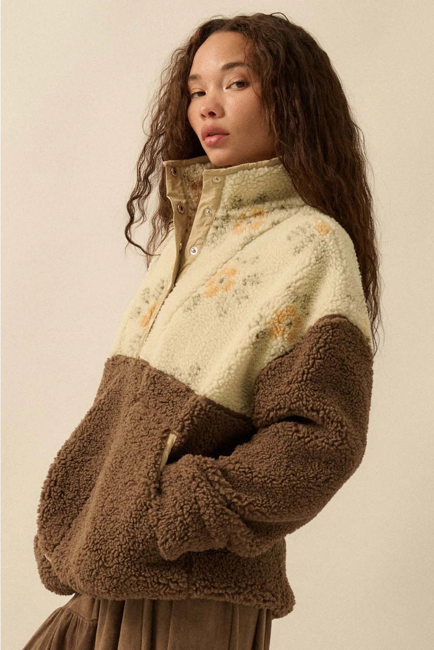 Colorblock Sherpa Fleece Half-Snap Pullover Jacket