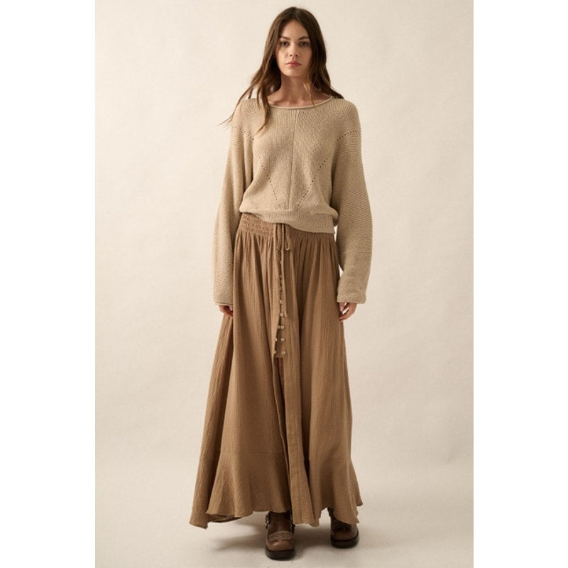 Espresso Smocked Elastic-Waist Front-Slit Crepe Maxi Skirt