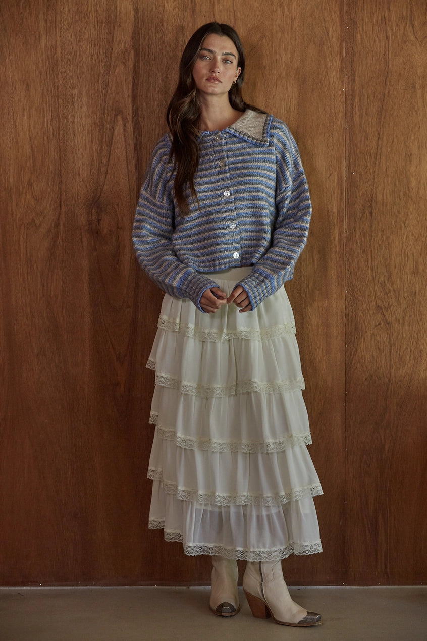 Taupe Blue Knit Sweater Striped Collar Neck Cardigan