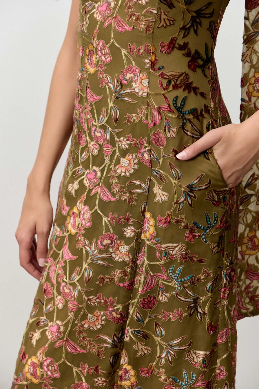 Olive Burnout Velvet Boat Neck Midi Dress