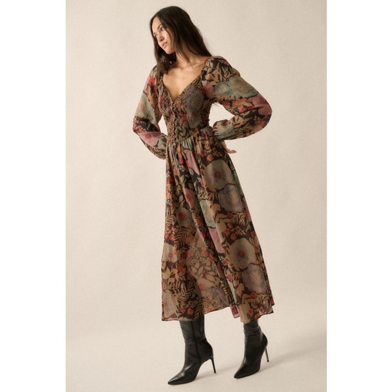 Midnight Ribbed Floral Smocked Button Peasant Maxi Dress