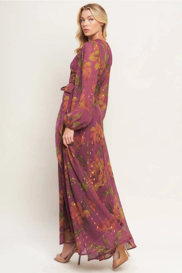 Dark Mauve Textured Floral Wrap Maxi Dress