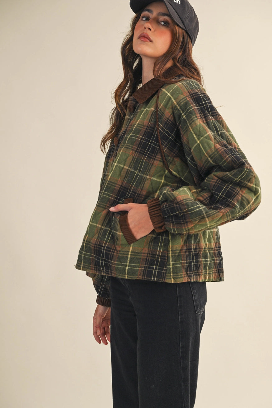 Plaid Quilted Jacket with Corduroy Detail