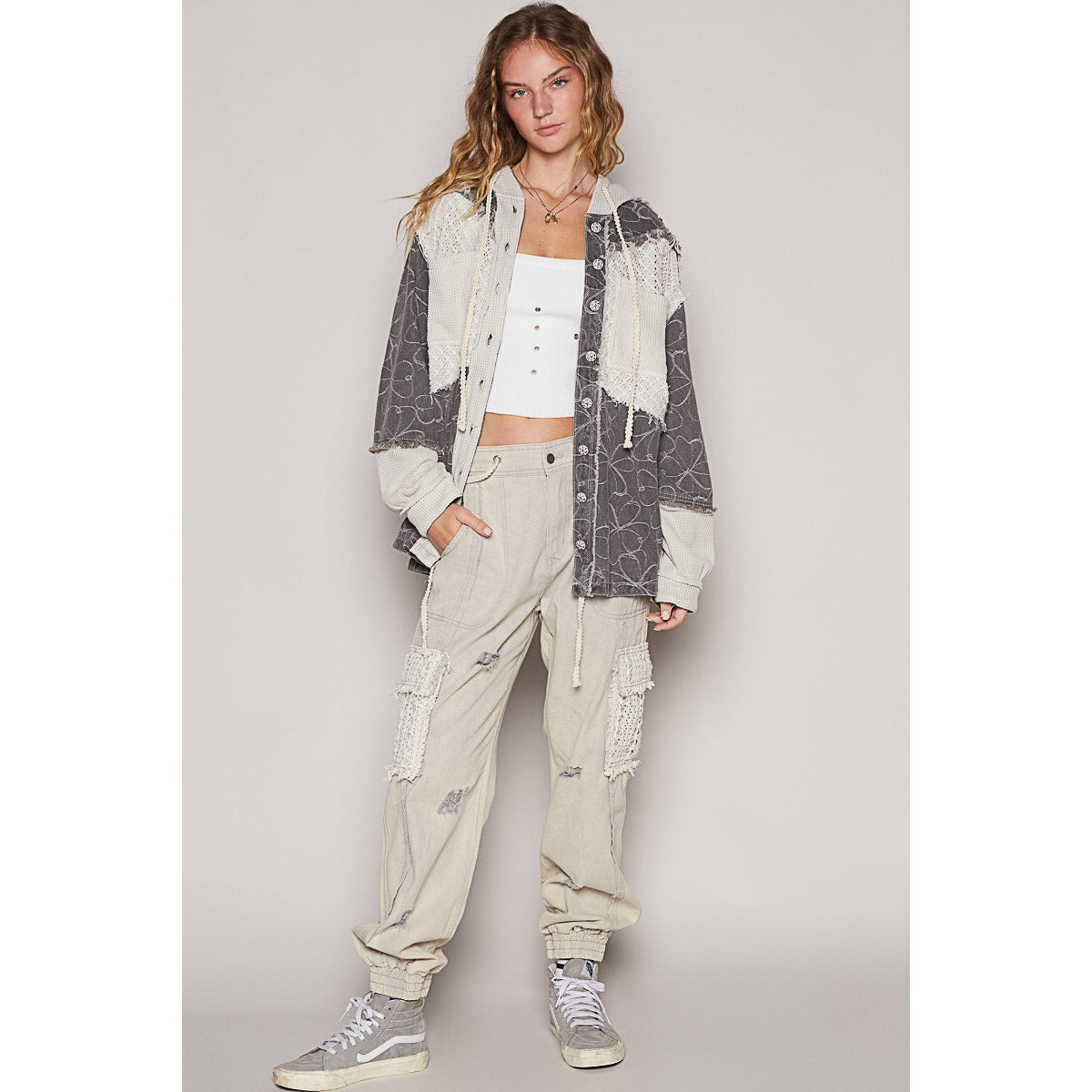 Balloon Sleeve Frayed Edge Detail Hoodie Jacket