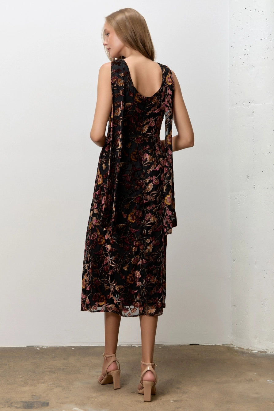 Black Burnout Velvet Boat Neck Midi Dress