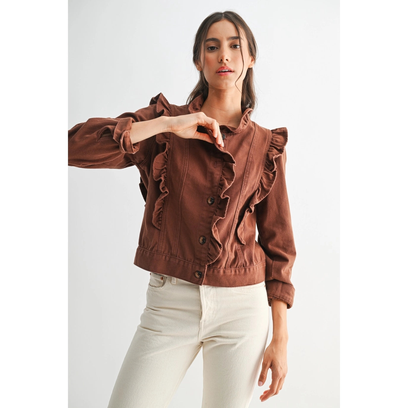 Brown Ruffled Button-Up Denim Jacket