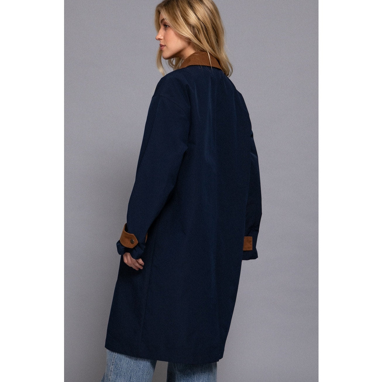 Navy Contrast Collar Button Down Long Trench Coat