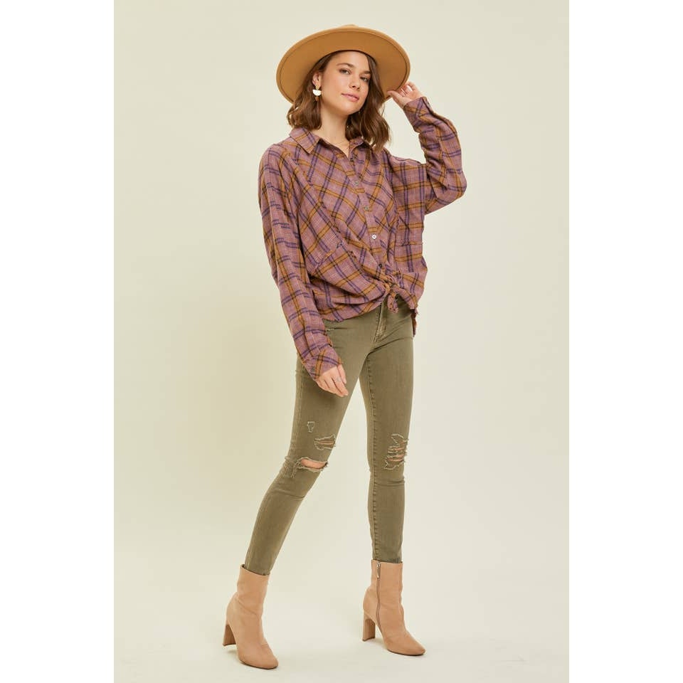 Purple Western Washed Oversized Plaid Shirt