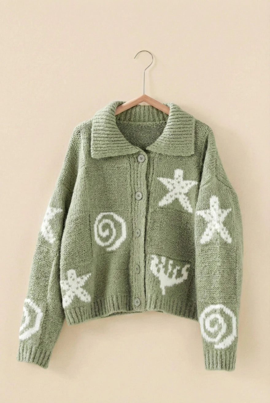 Nautical Sea Life Motif Collared Cardigan