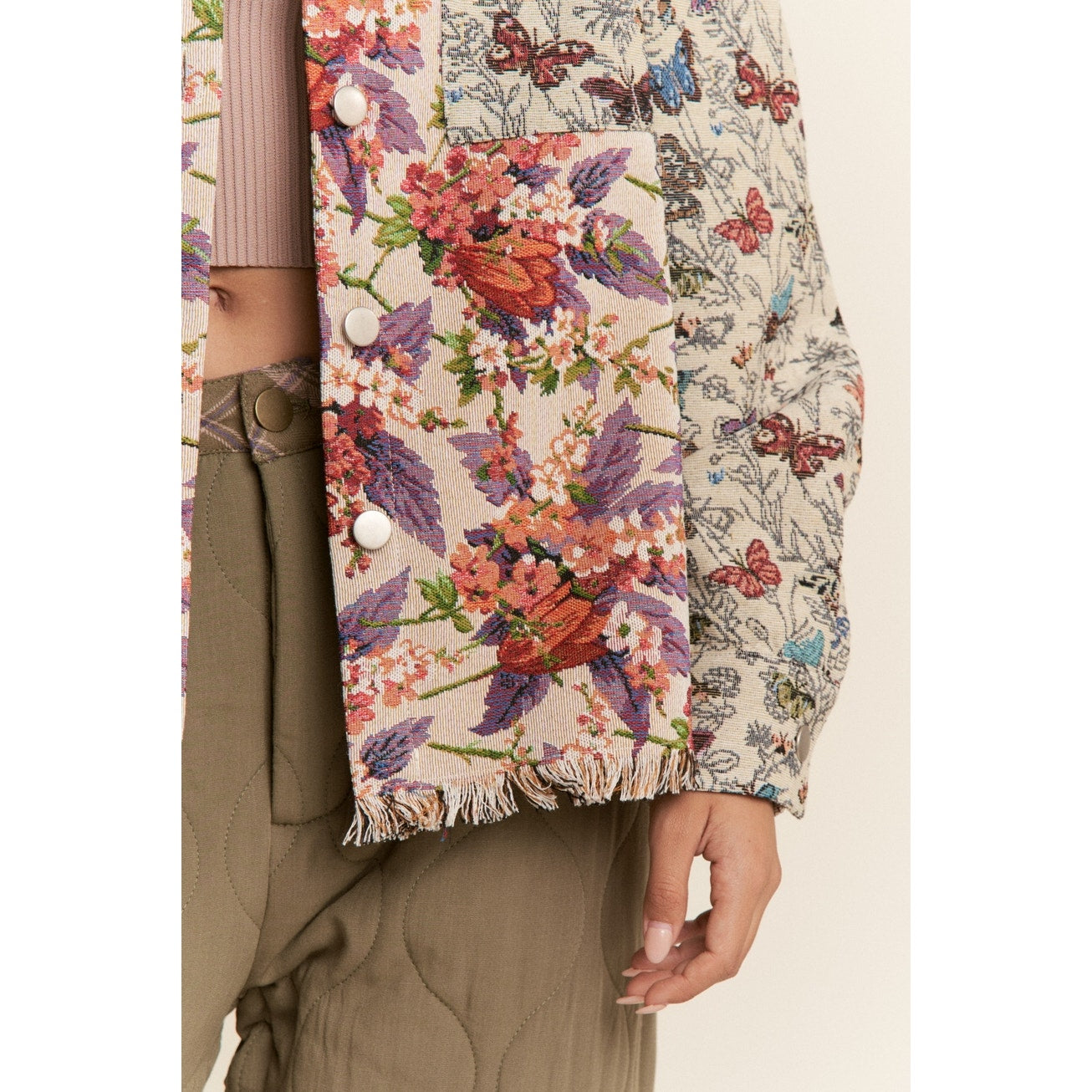 Violet Copper Butterfly and Floral Print Button Down Jacket