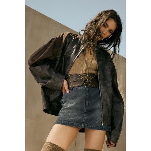 Espresso Faux Leather and Suede Barrel-Sleeve Jacket