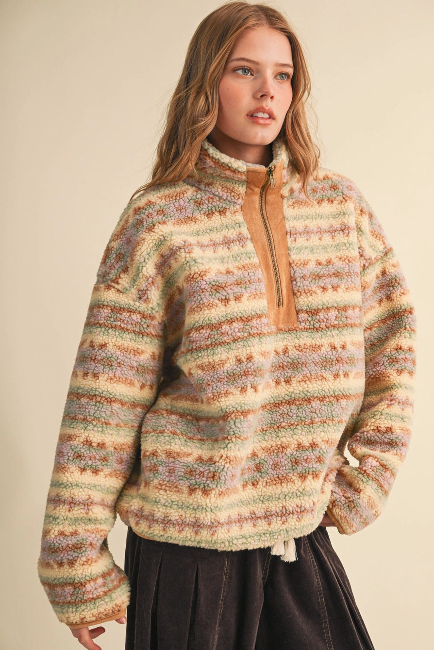 Faux Sherpa Aztec Pattern Half Zip Pullover