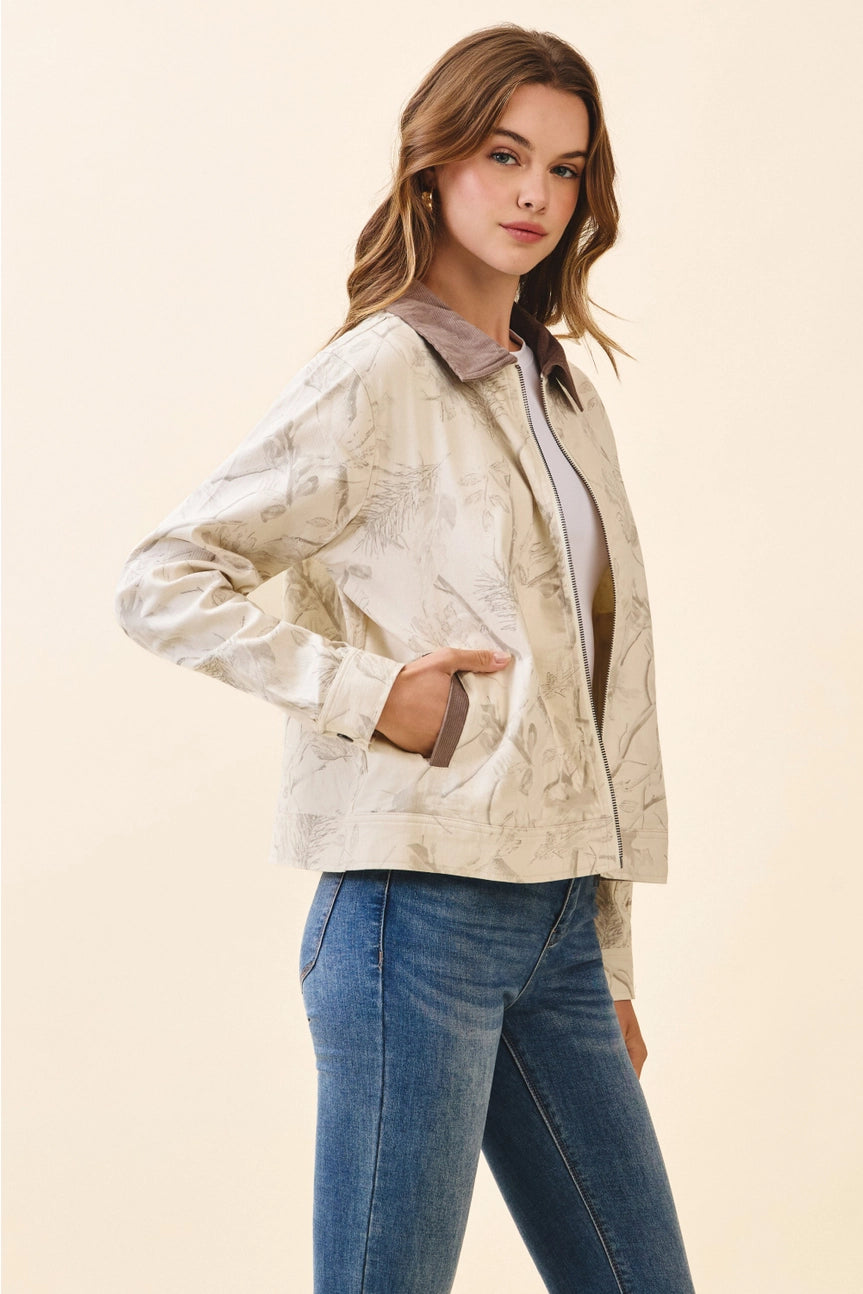 Floral Print Corduroy Detail Jacket