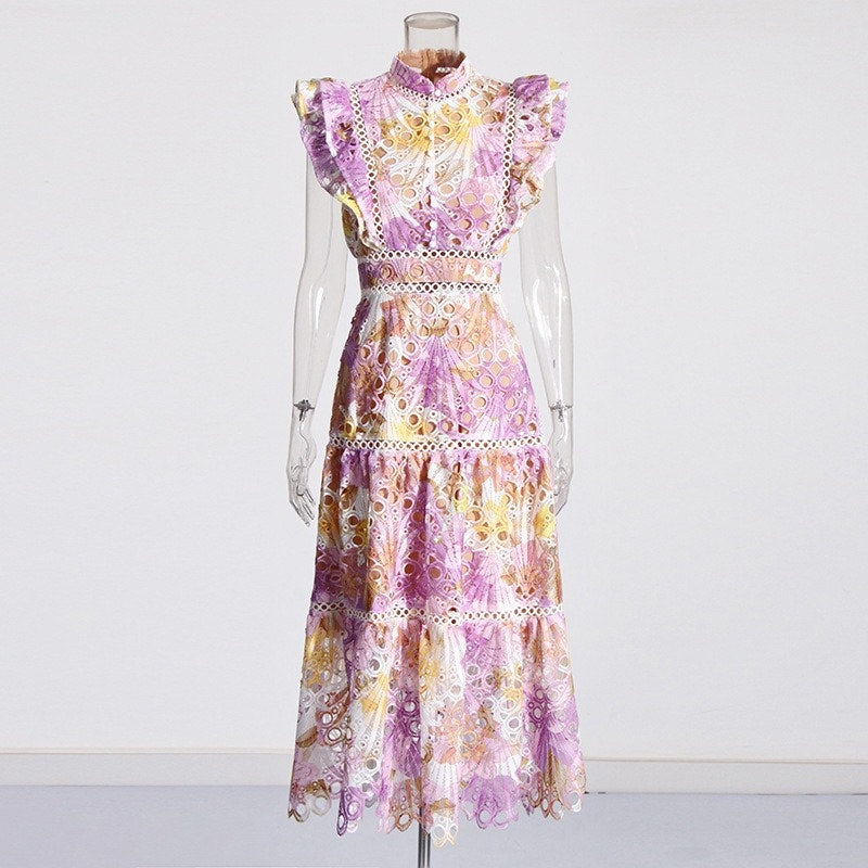 Floral Embroidered Lace Sleeveless Midi Dress