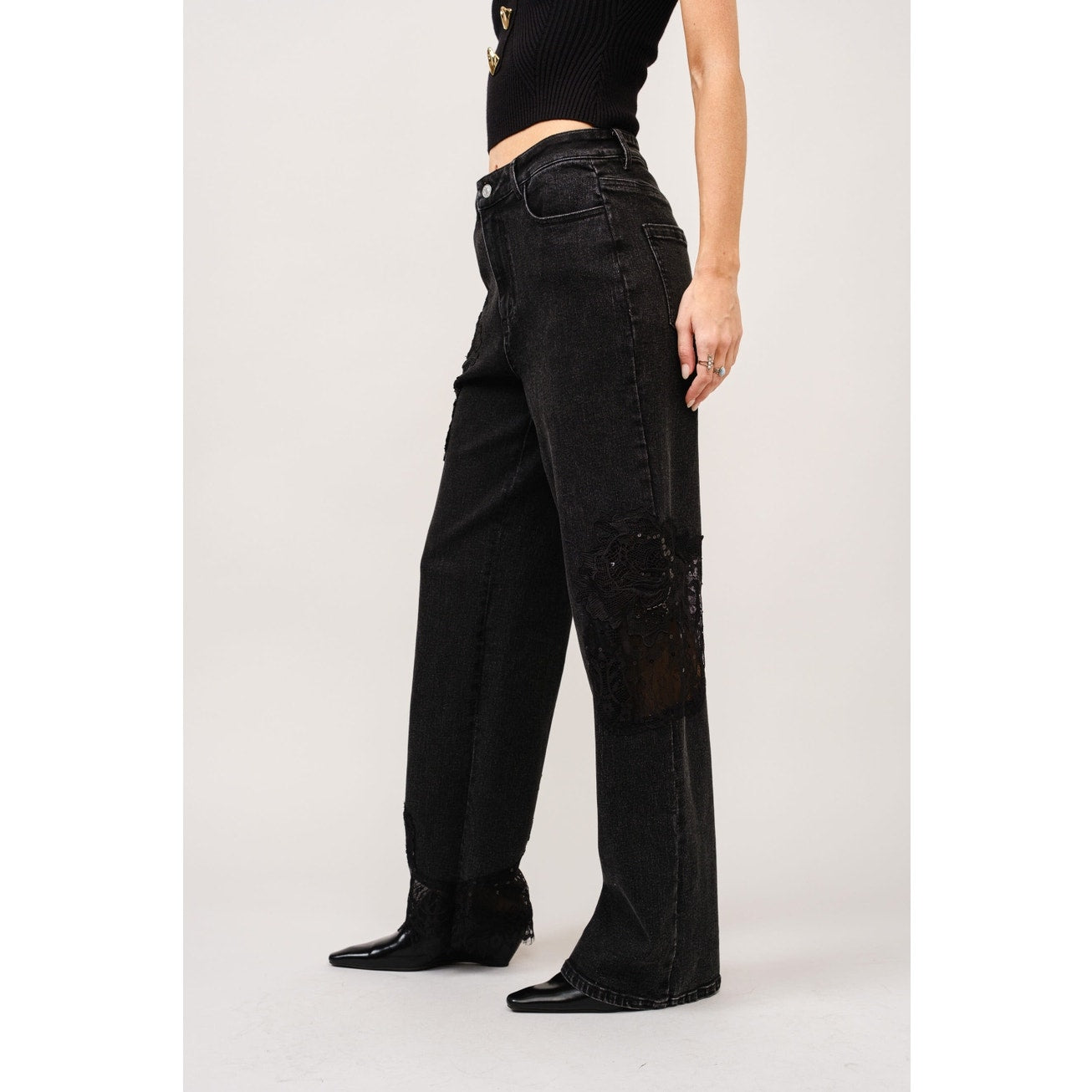 Black Lace Patchwork Straight Leg Jeans