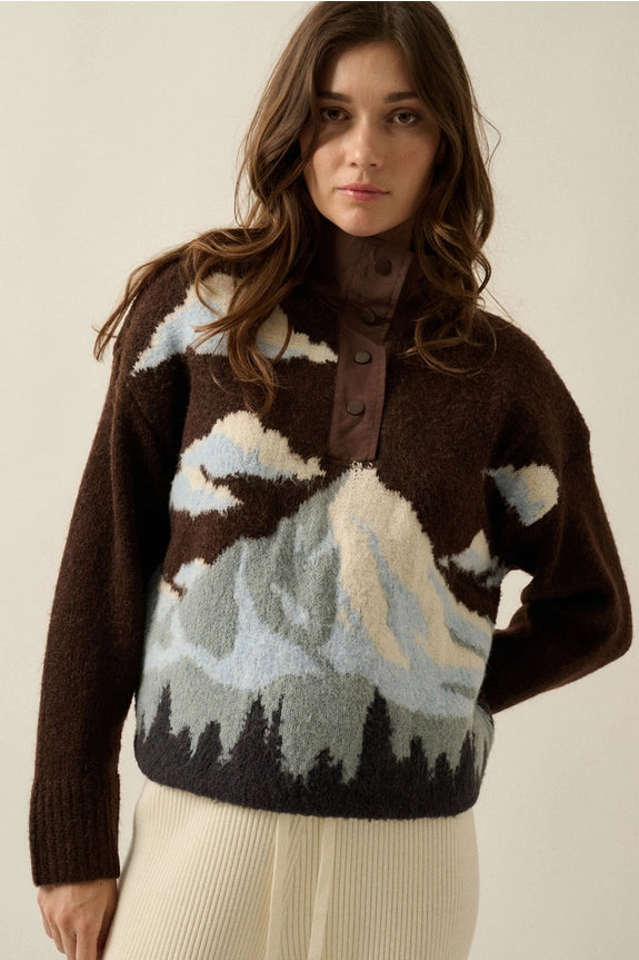 Chocolate Jacquard-Knit Landscape Quarter-Zip Pullover Sweater Jacket