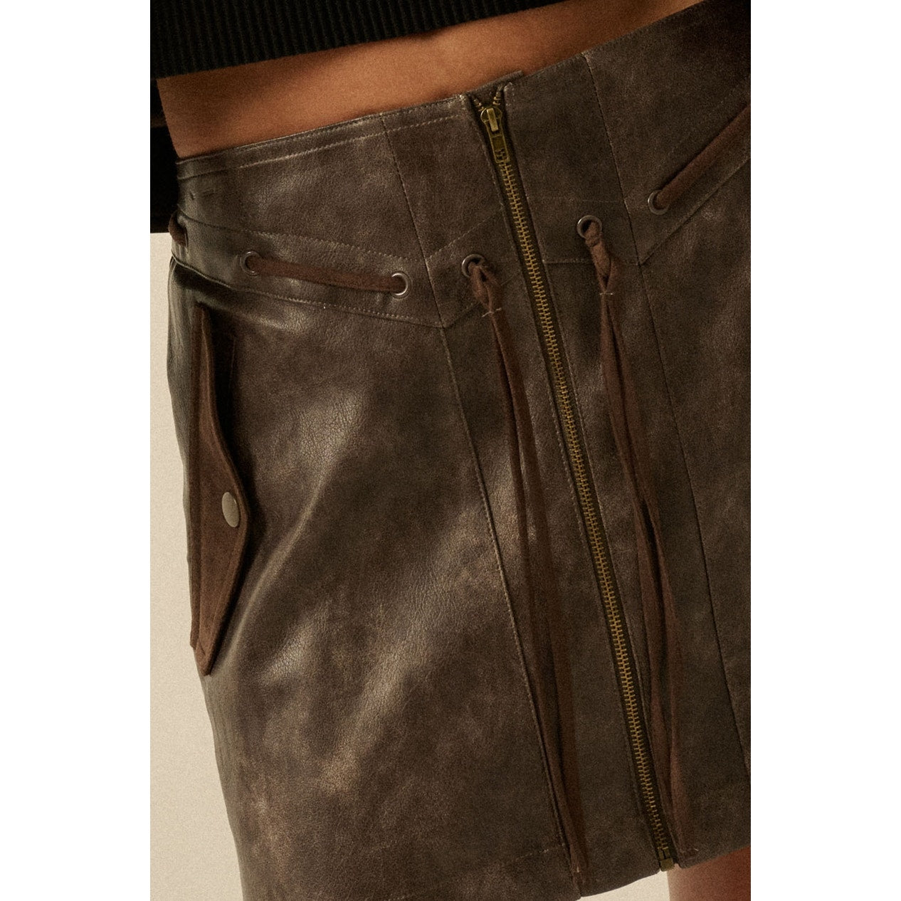 Espresso Faux Leather and Suede Zip-Up Mini Skirt