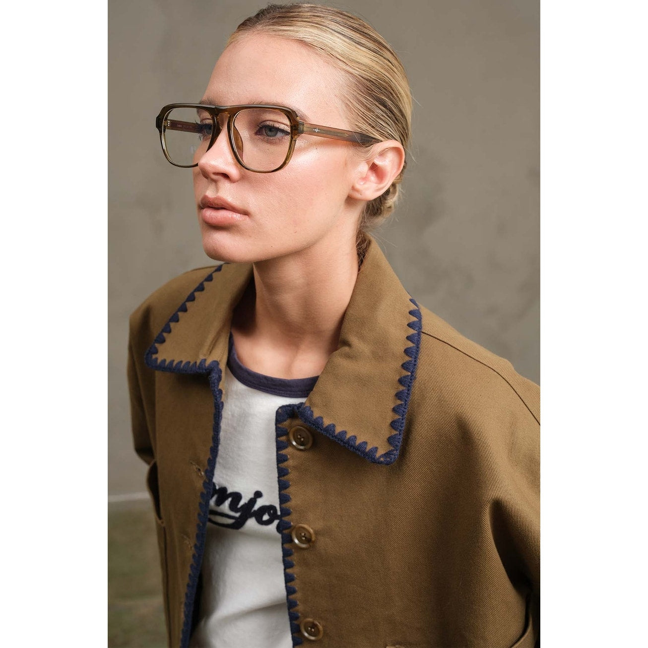 Olive Collar Jacket with Contrast Stitching