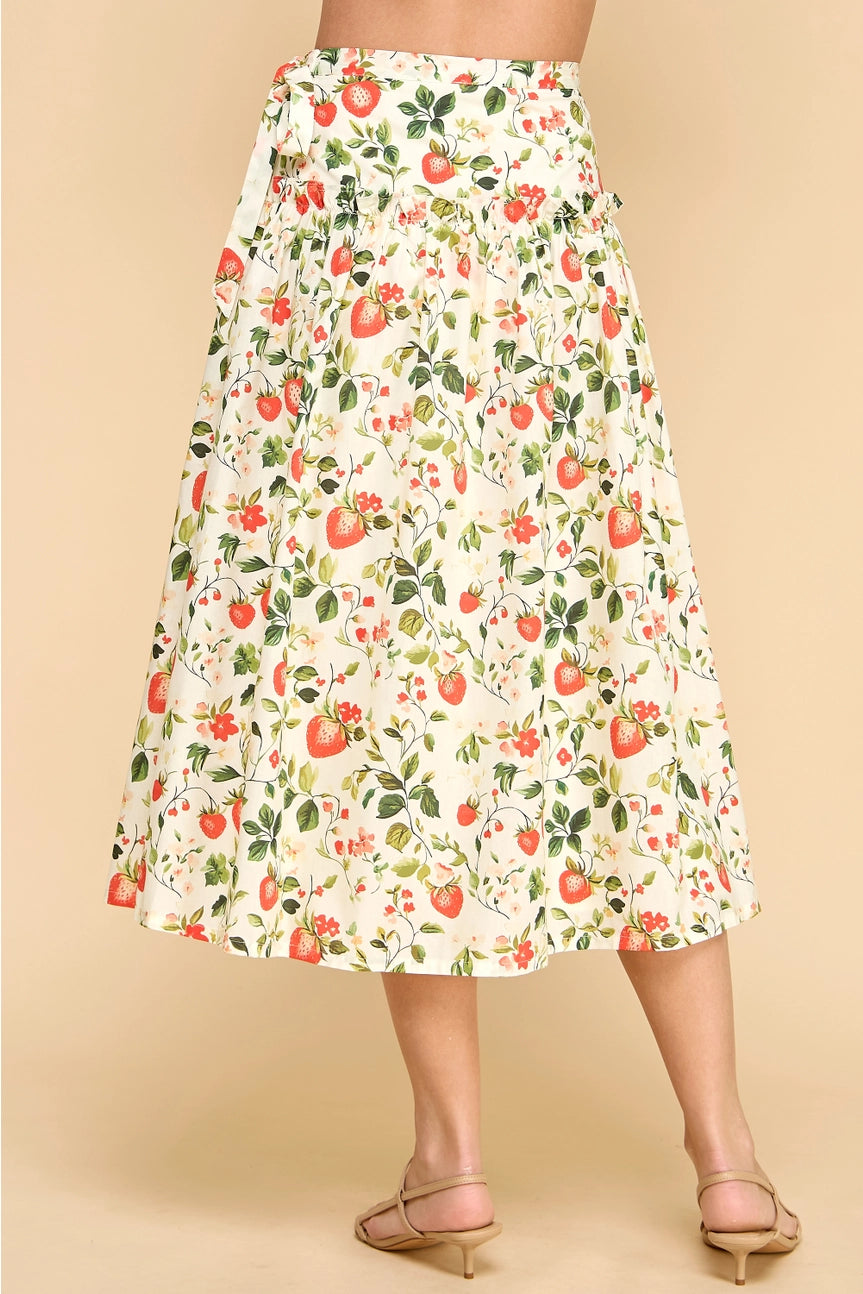 Strawberry Print High Waist Ruffle Midi Skirt