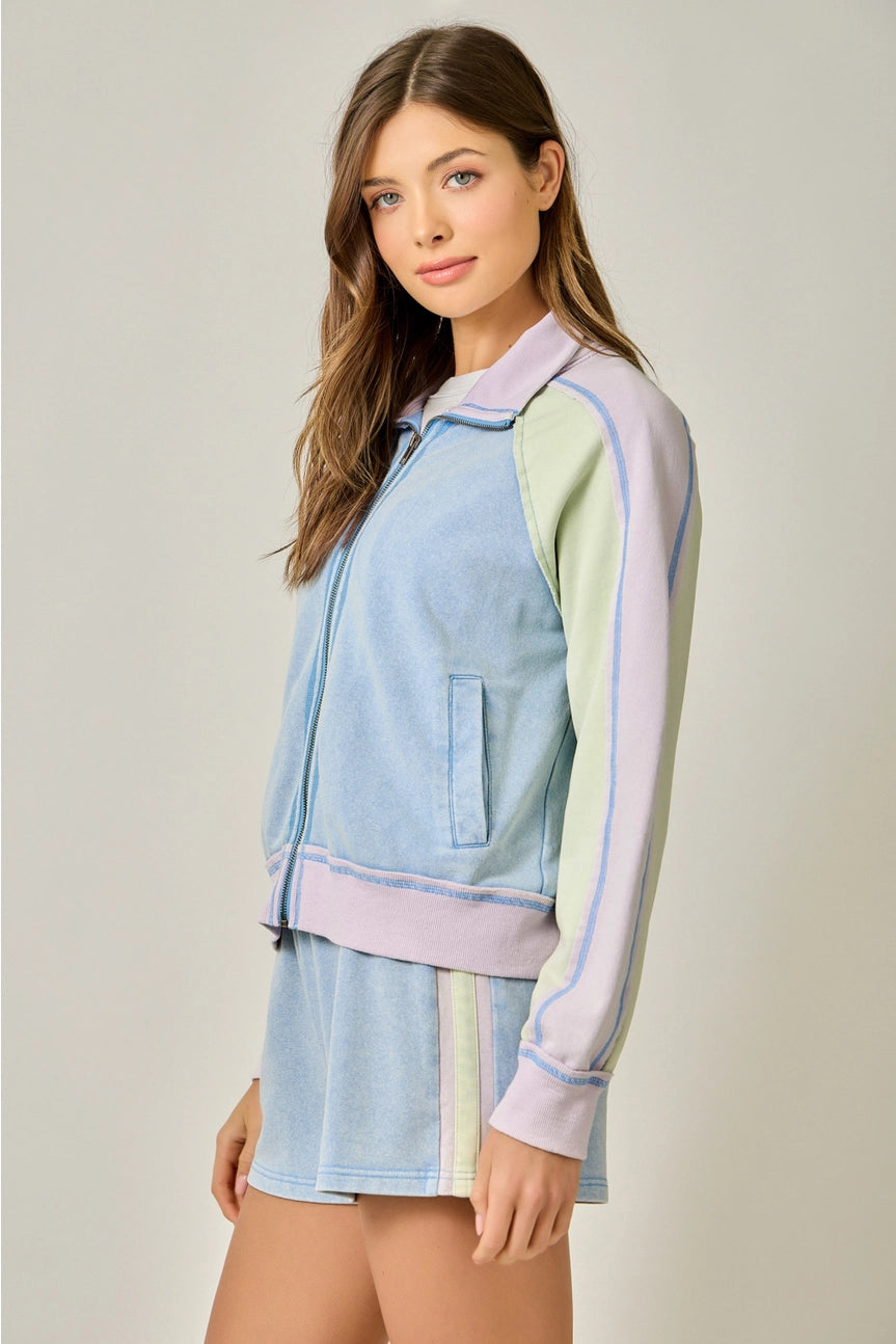 Soft Blue Lavender Color Block Zipped Up Jacket