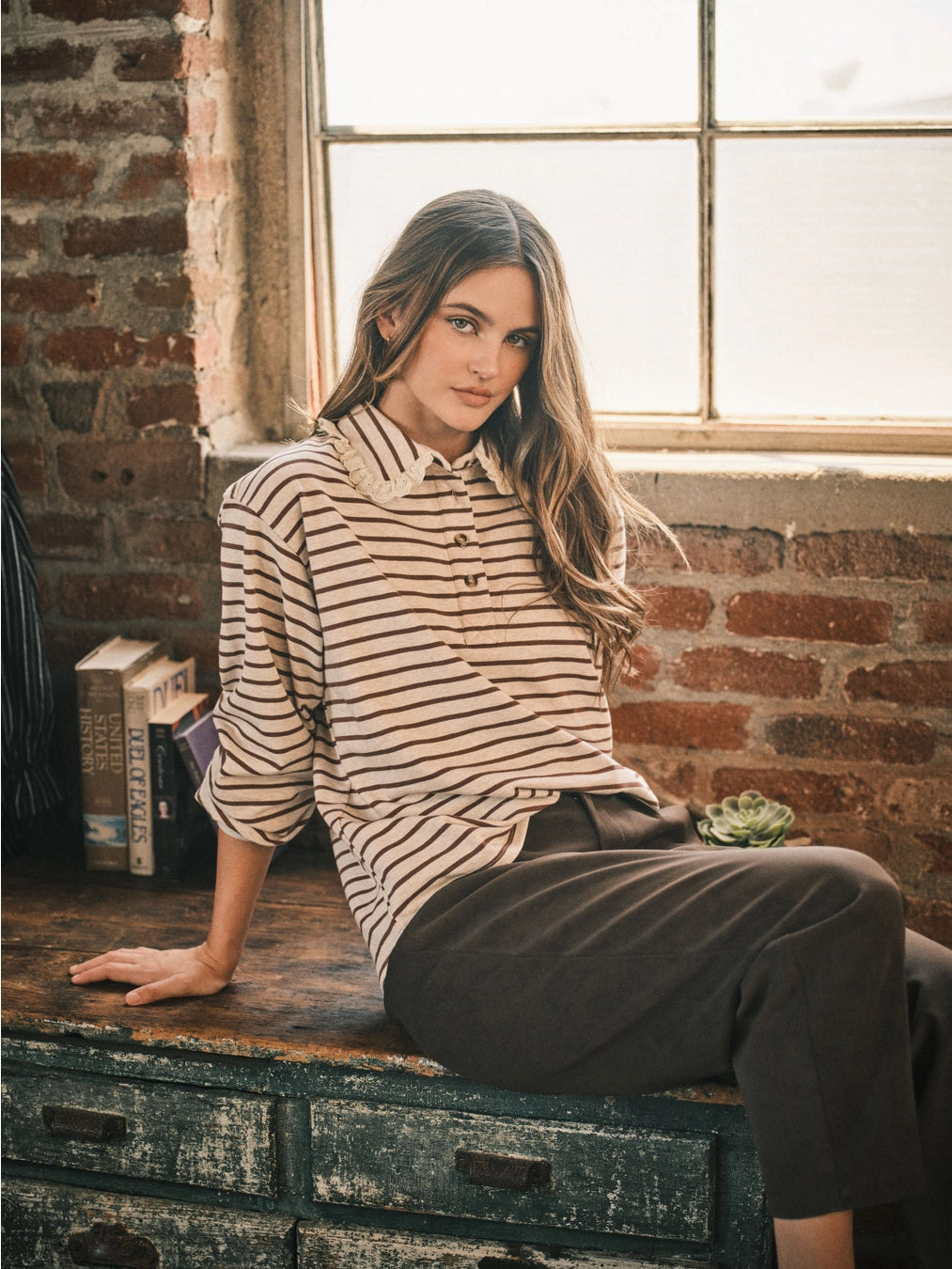 Oatmeal Striped Lace Collar Polo Top