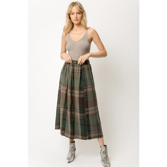 Acid Wash Plaid Front Button Skirt