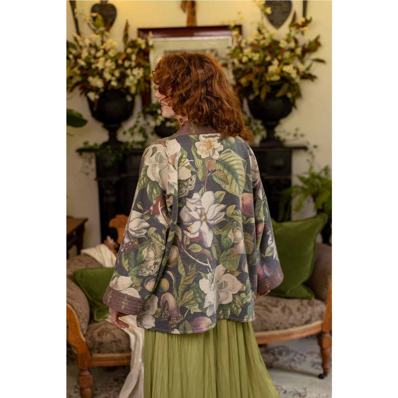 Fleur De Lune Fleece Cottage Cardigan Jacket w/ Floral Print