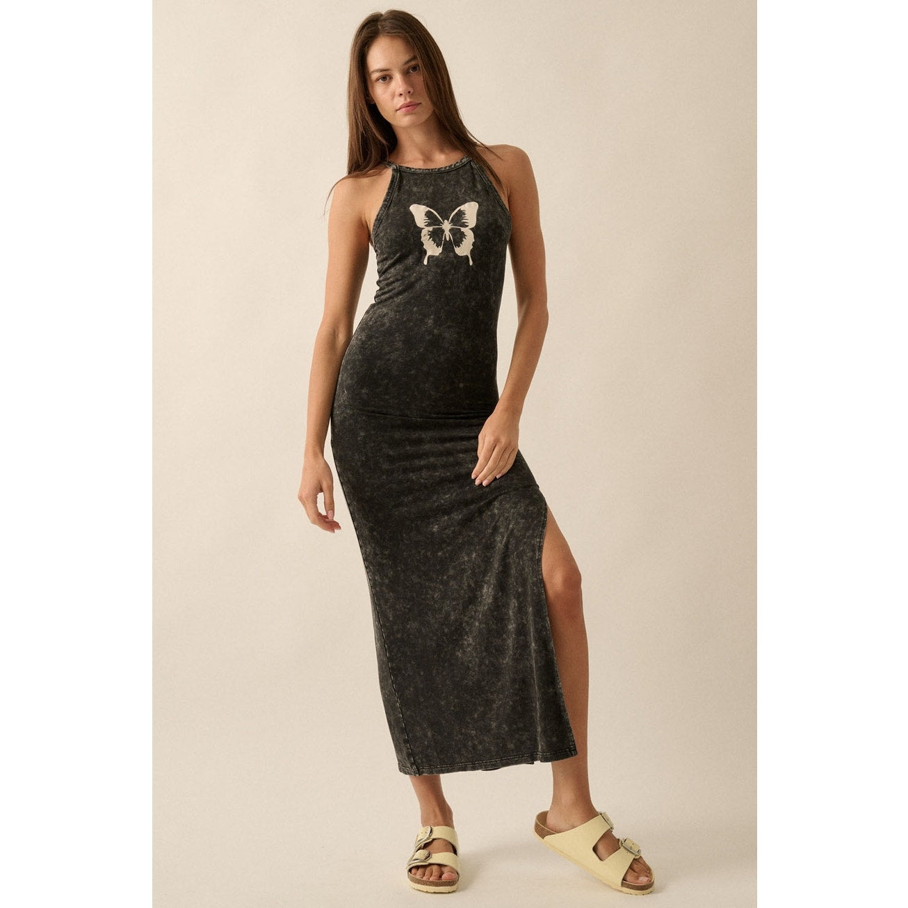Charcoal Vintage Wash Butterfly Graphic Tank Maxi Dress