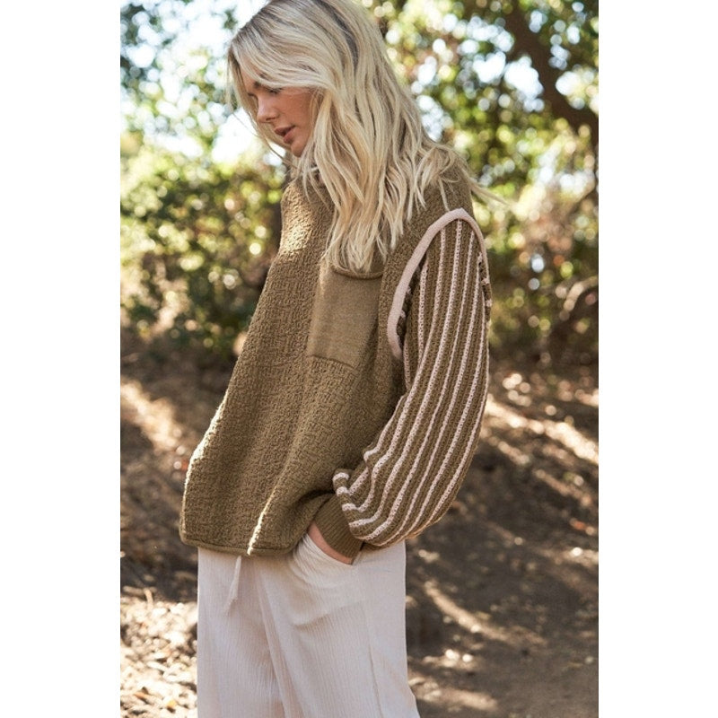 Olive Striped Sleeves Knit Sweater