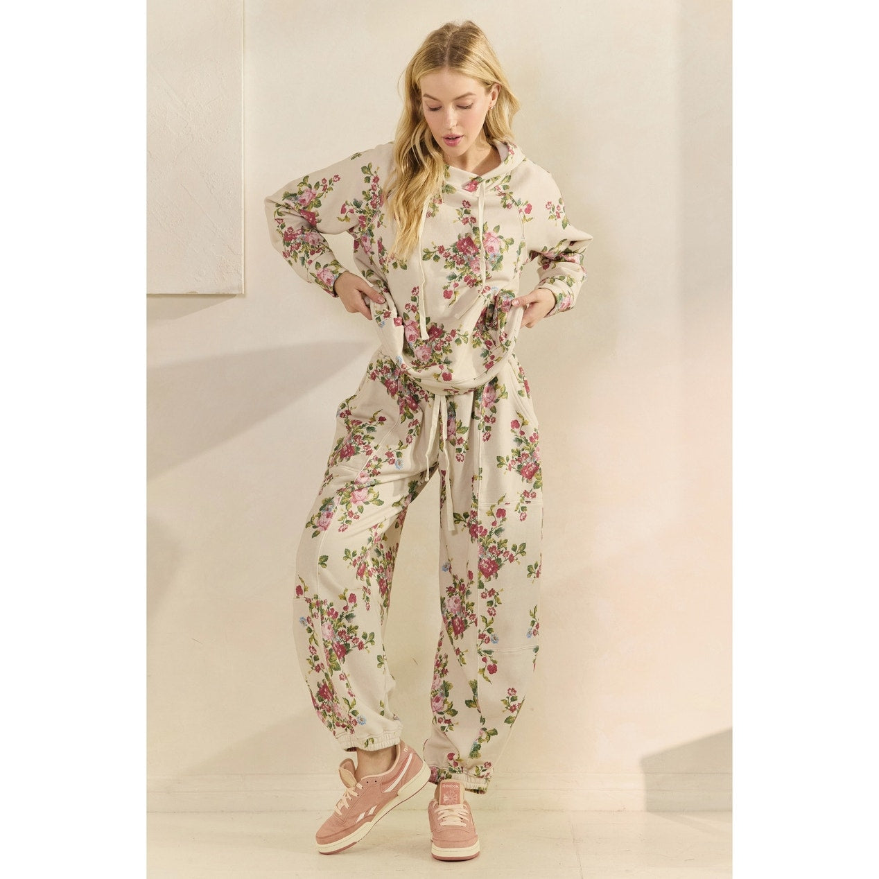 Beige Floral Printed French Terry Pants