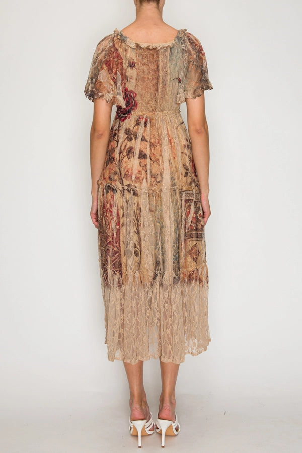 Ethereal Shimmer Lace Flutter Sleeve Dress