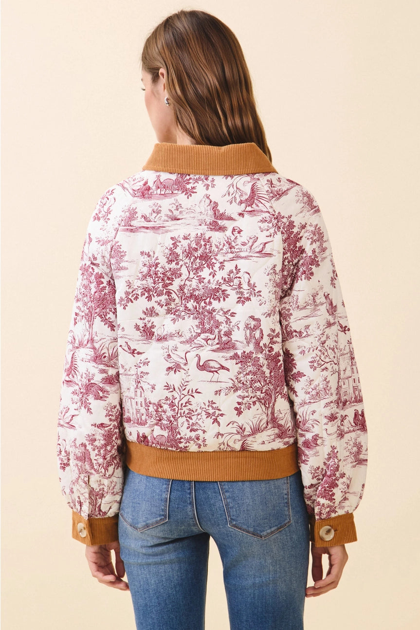 Toile Print Oversized Button Bomber Jacket