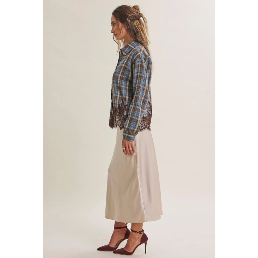 Western Romantic Plaid Eyelash Lace Hem Button-Down Shirt