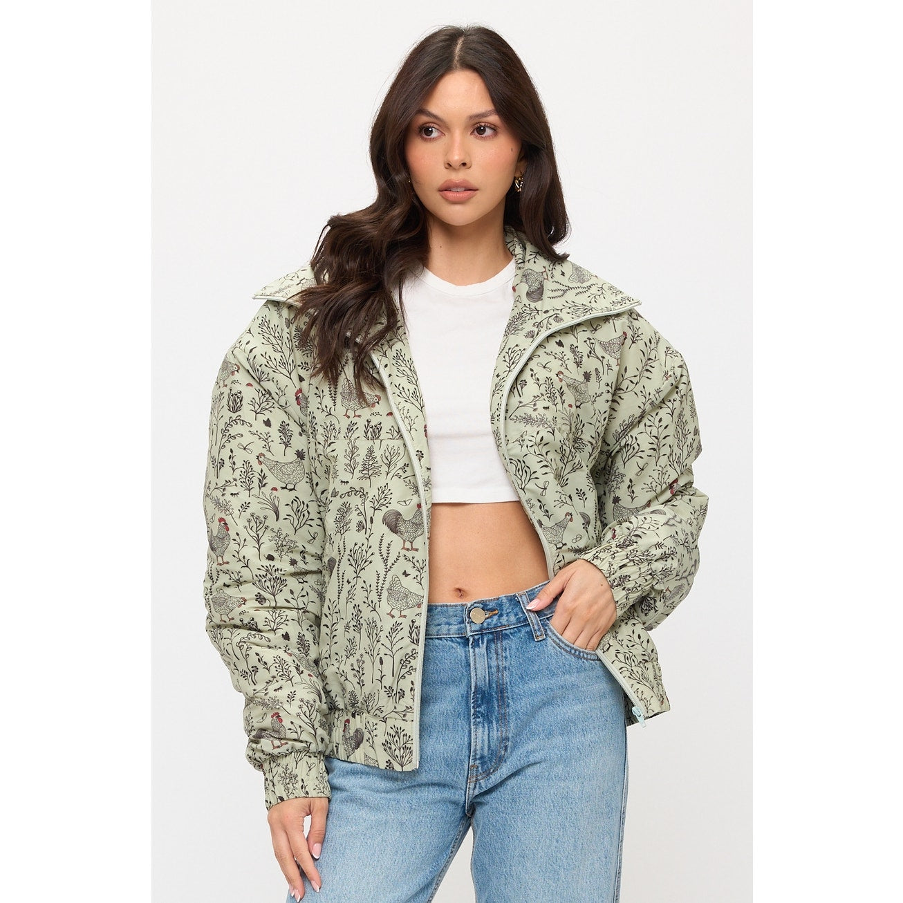 Rooster Floral Print Bomber Puffer Jacket