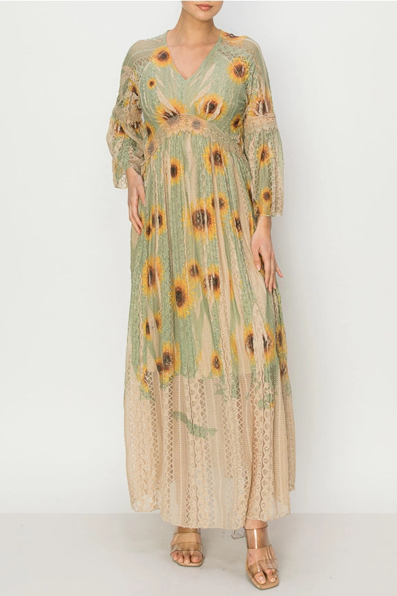 All Lace Bell-Sleeved Sunflower Dress