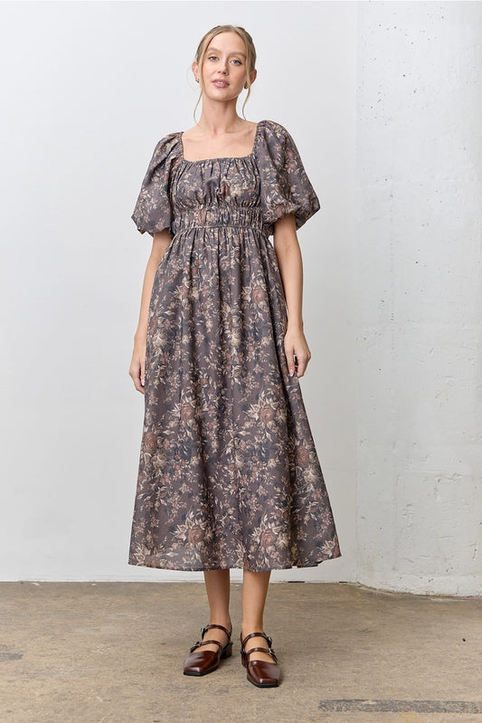 Dark Gray Floral Print Midi Dress