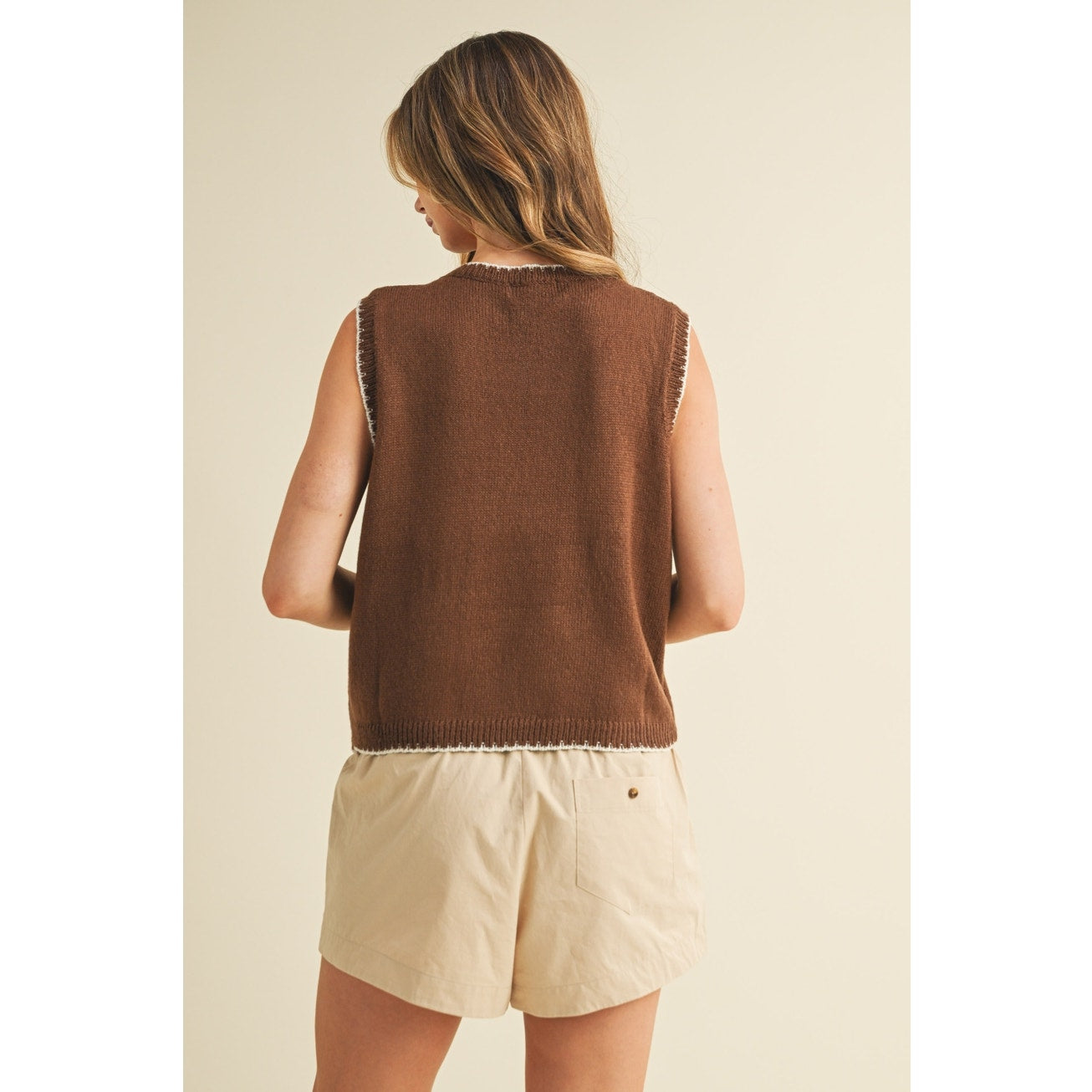 Brown & Cream Fish Printed Sleeveless Sweater Top