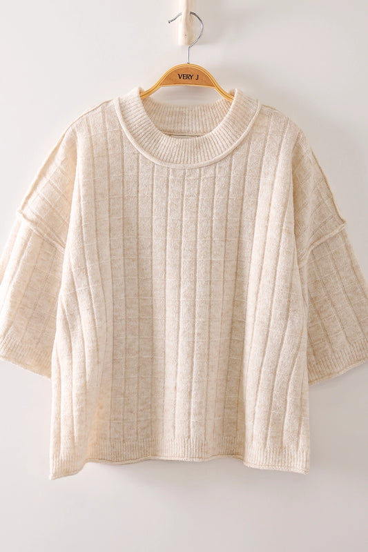 Oatmeal Cropped Length Ribbed Knit Sweater
