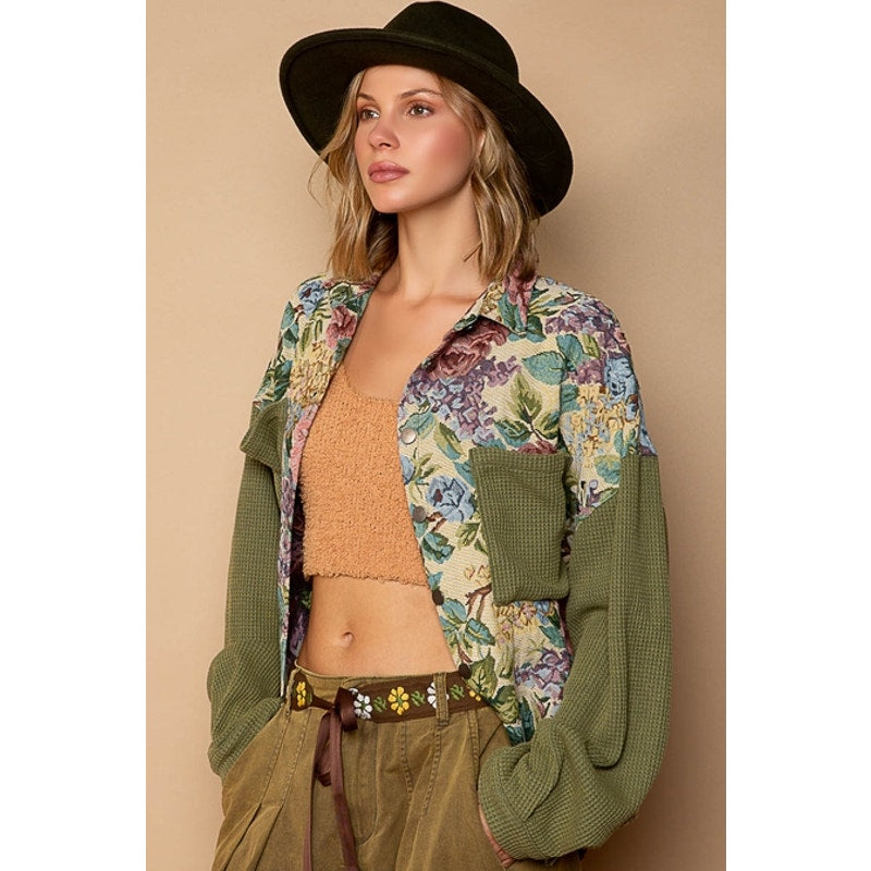 POL Cream & Olive Button Down Floral Jacquard Shirt Jacket