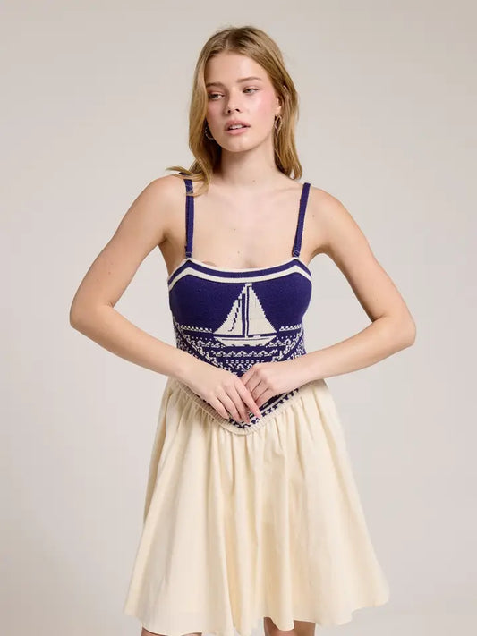 Sailboat Knit Bodice Contrast Midi Dress