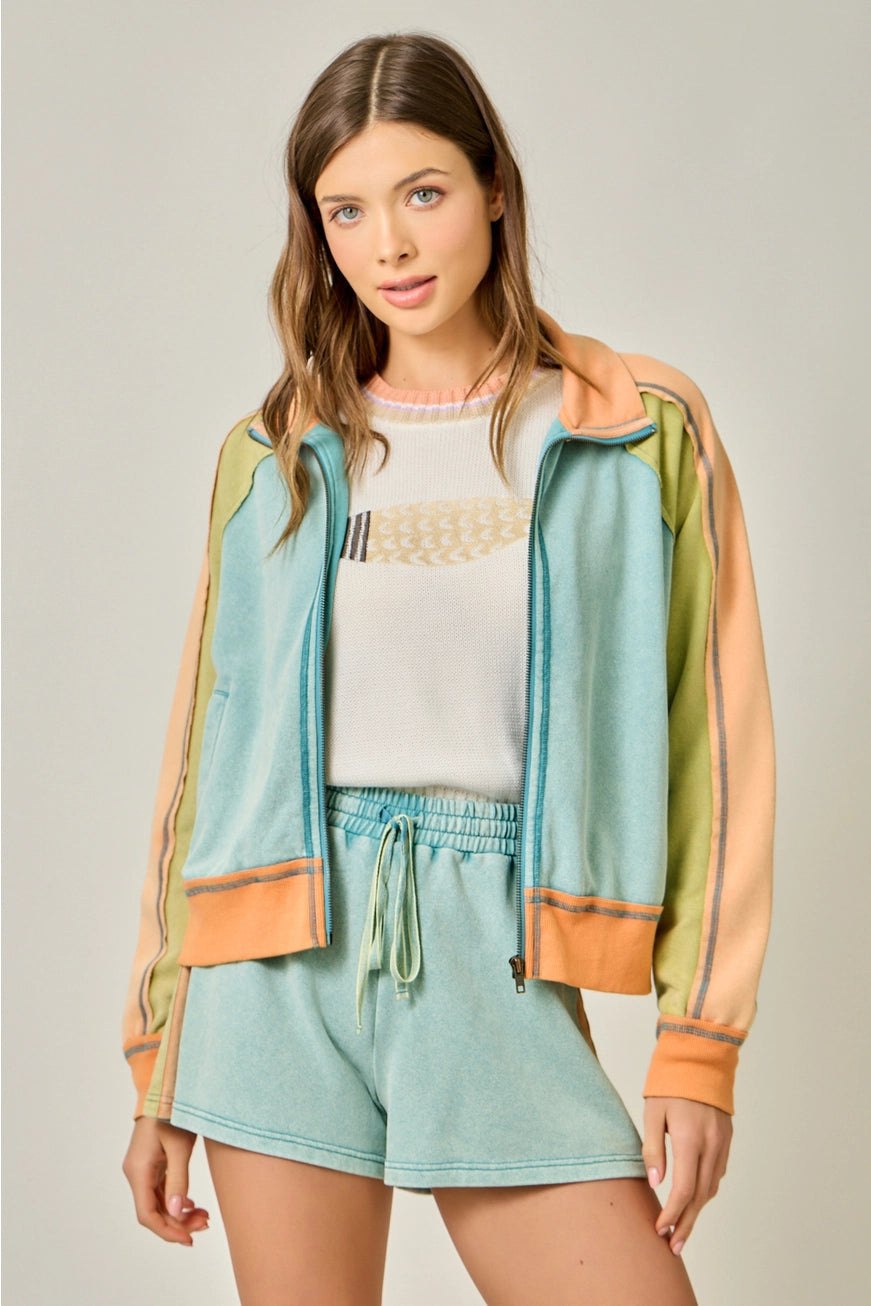 Seafoam Orange Color Block Zipped Up Jacket