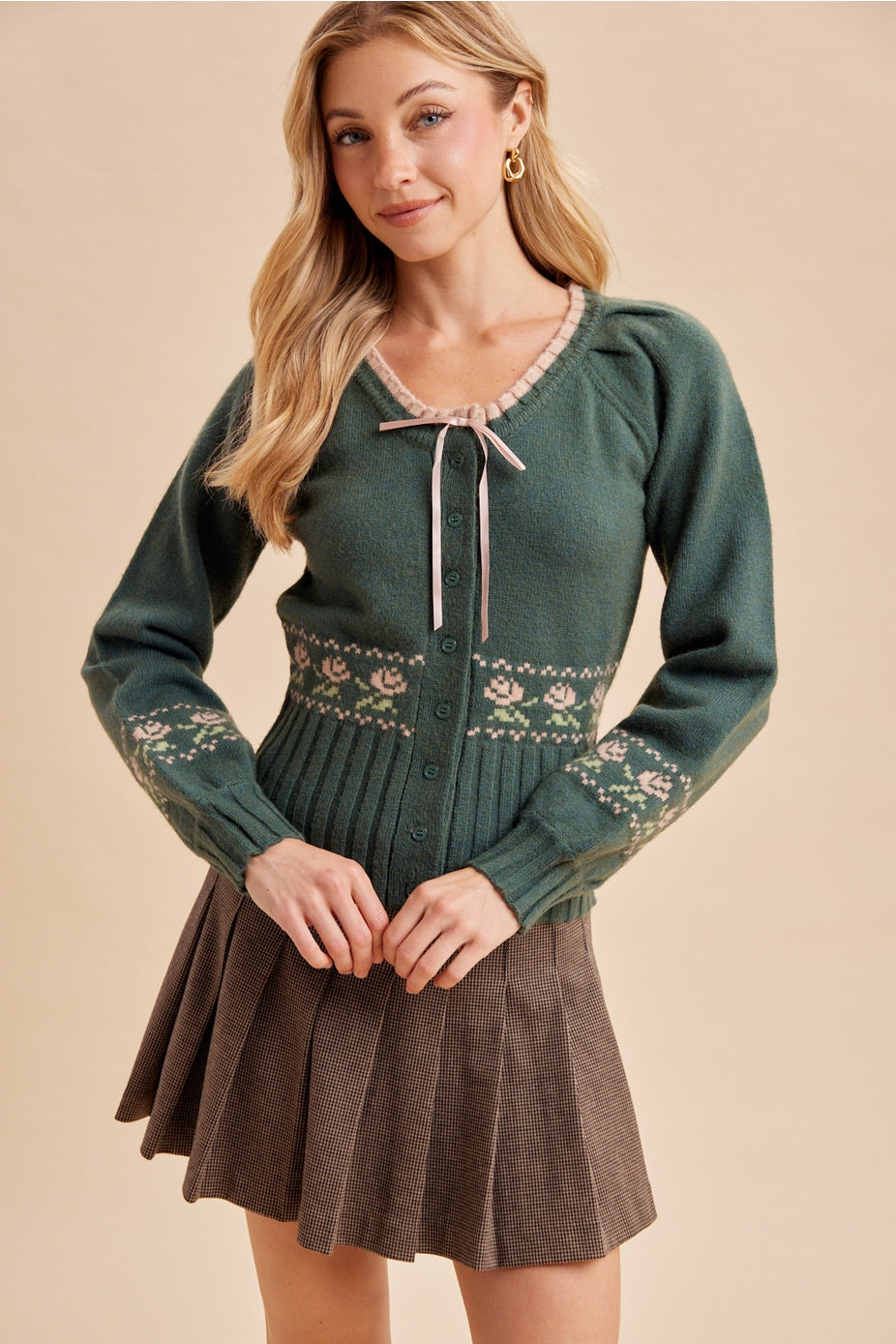 Cottage Green Floral Knitted Sweater Top